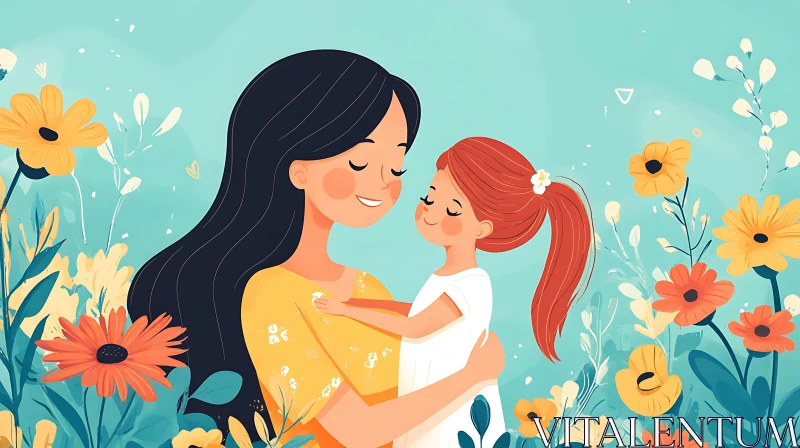 Loving Mother and Daughter in Floral Field AI Image