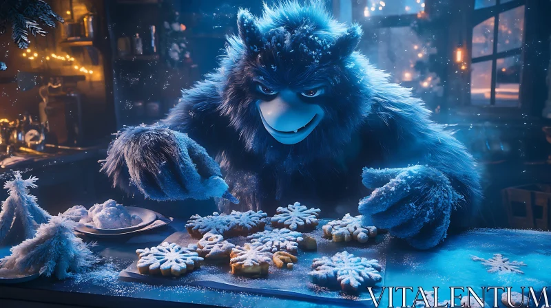 Fluffy Yeti Decorating Snowflake Cookies AI Image