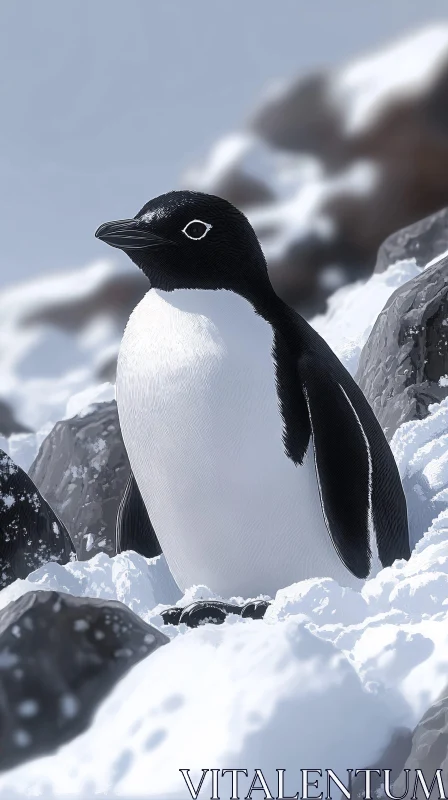 Penguin Among Snowy Rocks AI Image