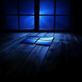 Blue Glow and Windows Emblem in Shadowy Room