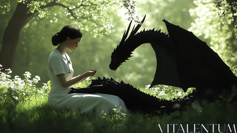 AI ART Woman and Dragon in Forest