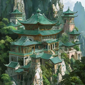 Green Roofed Temple in the Mountains