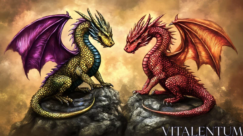 Dragon Confrontation: Mythical Beasts Staredown AI Image