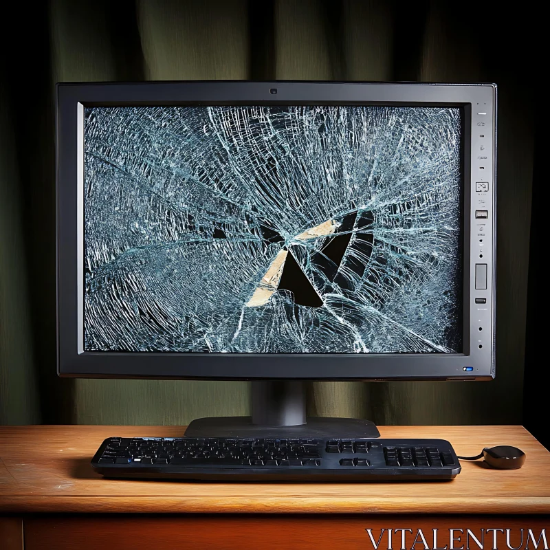 Shattered Monitor in Office Setup AI Image