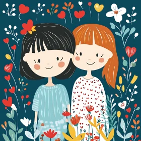 Girls in Garden Illustration