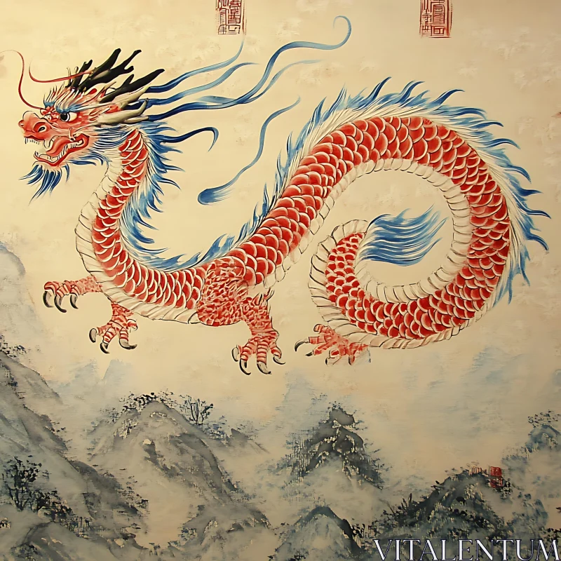 AI ART Ancient Dragon Art: Red and Blue Majesty