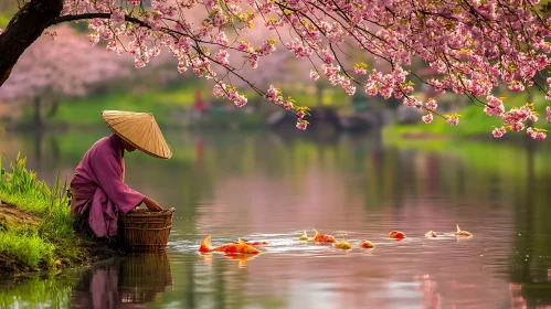 Serene Waters and Blooming Cherry Trees