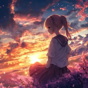 Girl Watching Sunset Anime Style