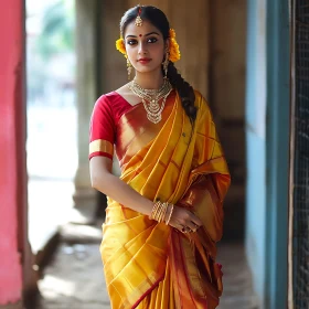 Golden Sari Beauty: A Portrait of Tradition