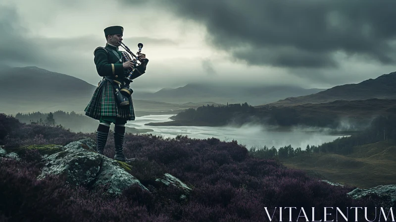 AI ART Bagpiper in Misty Scottish Highlands