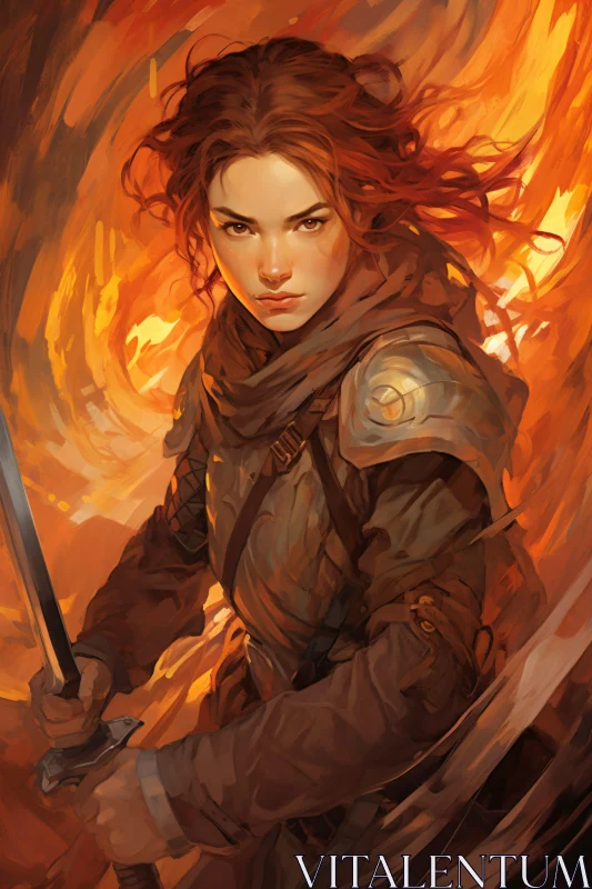 AI ART Female Warrior in Fiery Battle Stance