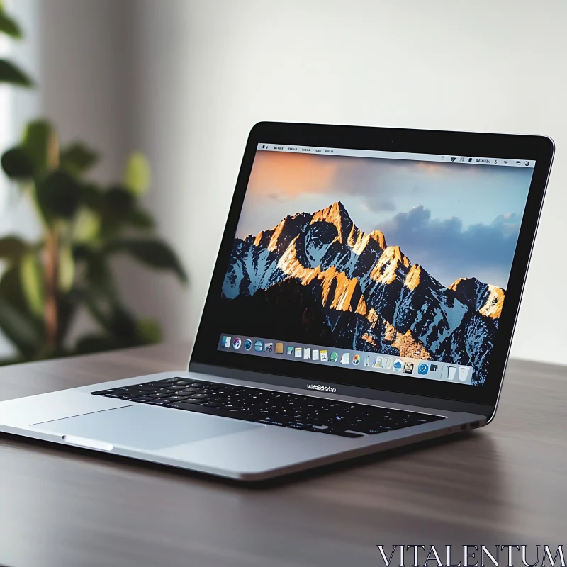 Sleek Laptop Displaying Sunset Mountain Range AI Image