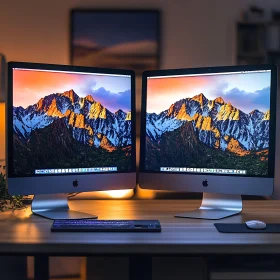 Modern Workstation with Dual Monitors and Mountain Wallpaper