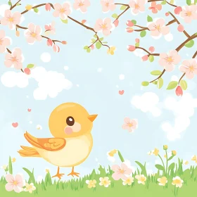 Cartoon Bird in Floral Spring Scene