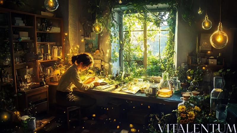 AI ART Woman studying plants in sunlit room