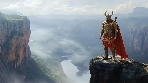 Armored Warrior Overlooking Misty Mountains