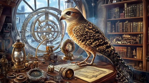 Clockwork Bird Perched on Steampunk Table