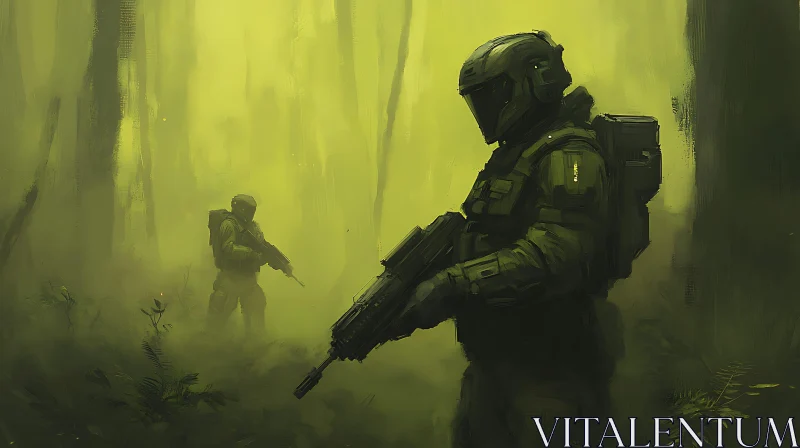 AI ART Military Personnel in Misty Forest Ambience