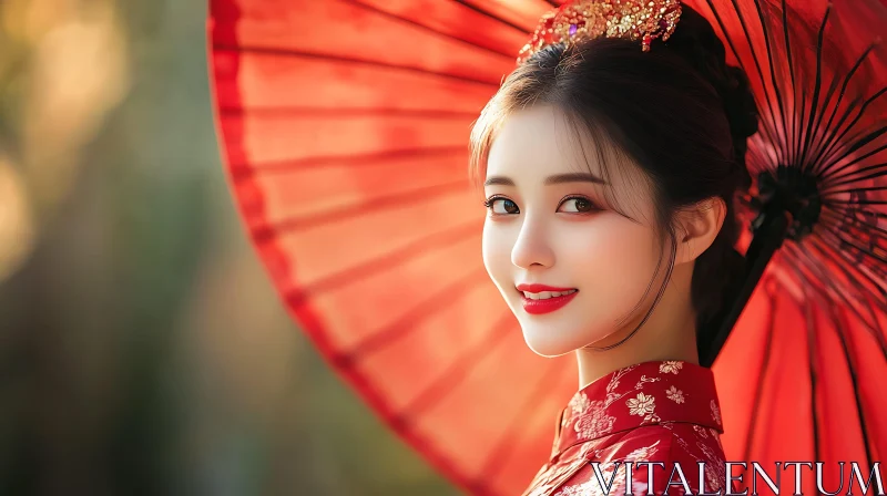 Asian Woman in Traditional Dress with Parasol AI Image