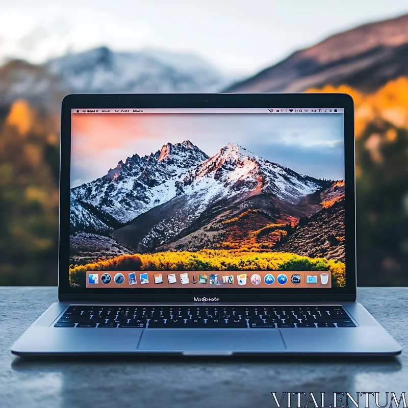 Outdoor Laptop with Mountain Background AI Image