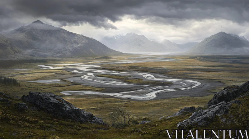 AI ART Mountain Valley with Serene River and Dramatic Clouds