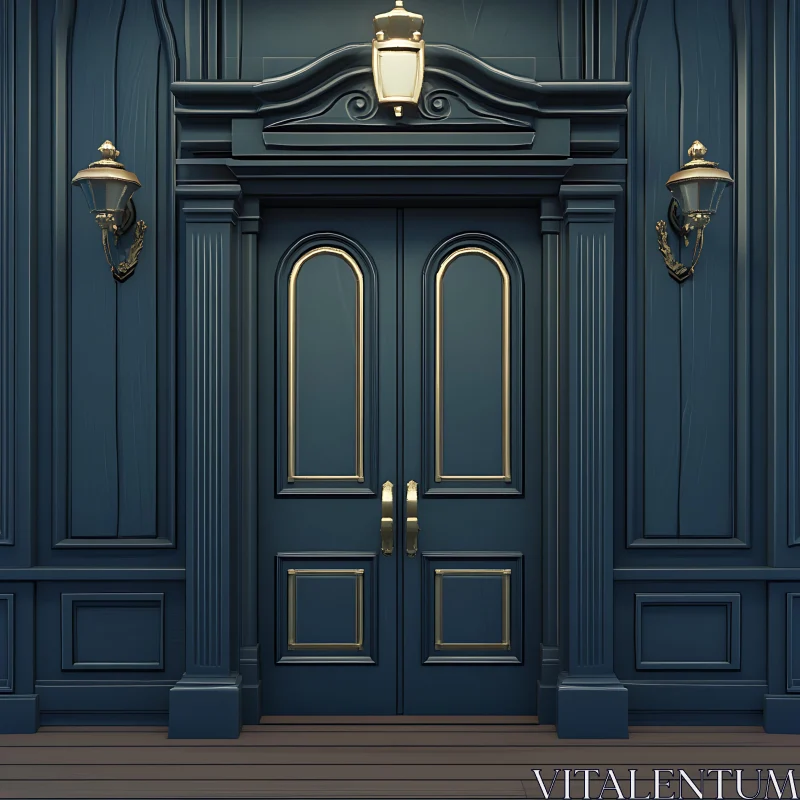 Classic Blue Double Doors with Gold Detail and Ornate Lanterns AI Image