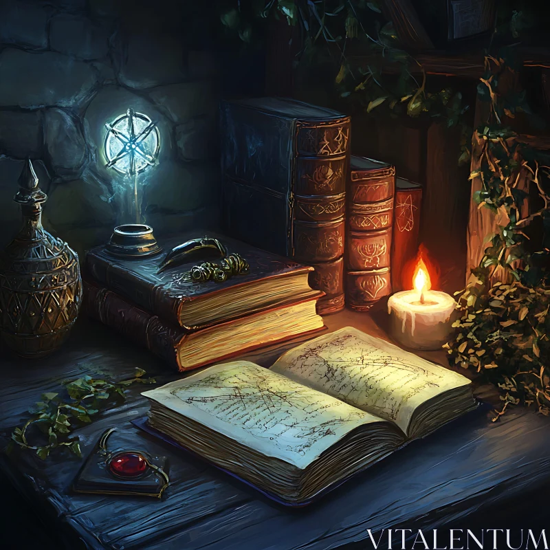 AI ART Mystical Still Life with Books and Candle