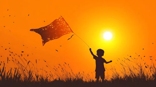 Silhouette of a Child Flying a Kite at Sunset