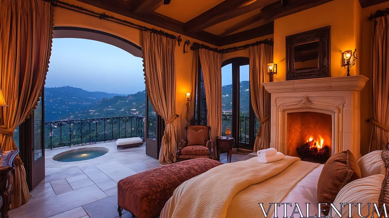 AI ART Elegant Bedroom with Fireplace and Mountain Scenery