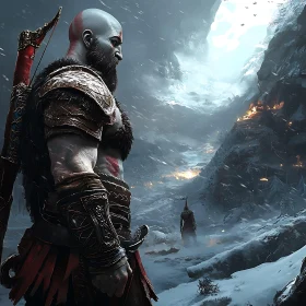 Armored Warrior Overlooking Snowy Mountains
