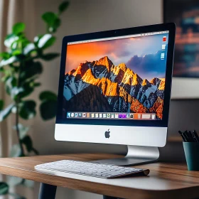 Sleek iMac Setup with Scenic Mountain Wallpaper