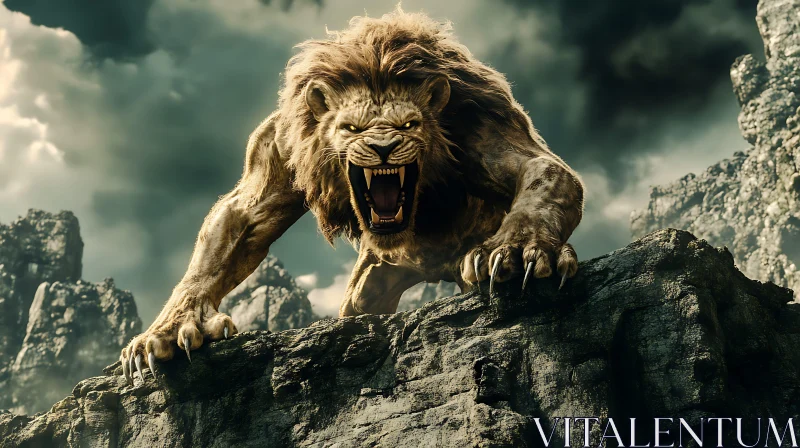 Fierce Lion on Rocks AI Image