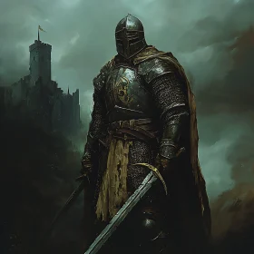 Armored Knight with Swords Near Fortress