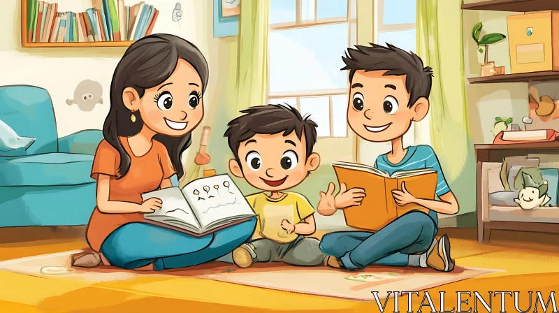 AI ART Cartoon Family Reading Together at Home