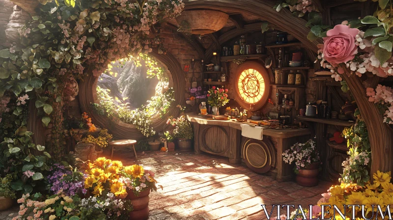 Rustic Kitchen Interior with Sunlight and Flowers AI Image