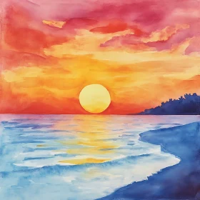 Serene Ocean Sunset Watercolor Art