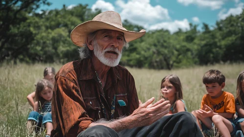 Man Sharing Stories with Children Outdoors