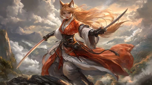 Fantasy Fox Girl Warrior with Twin Blades