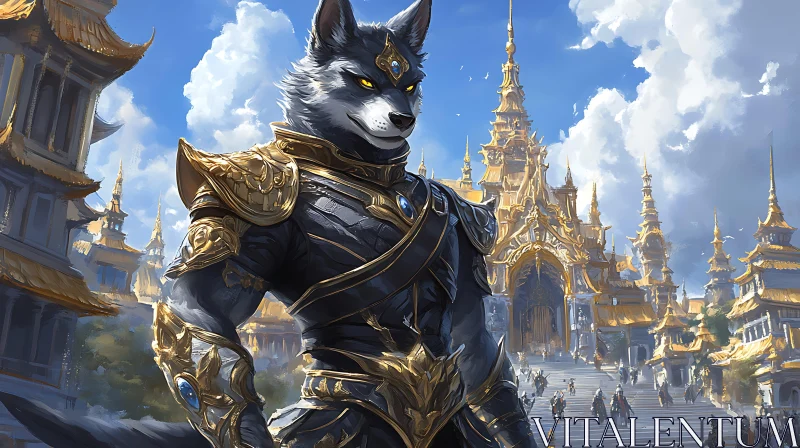 AI ART Guardian Wolf in Golden Armor