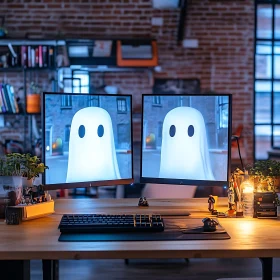 Office Workspace with Dual Screens Showing Animated Ghost