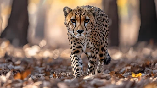 Cheetah Walking Among Fall Leaves