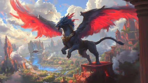 Fantastic Dragon Overlooking Ancient City