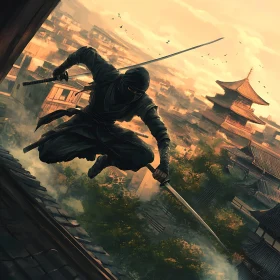 Stealthy Ninja Overlooking Ancient City