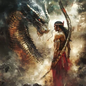 Ancient Warrior Facing a Dragon