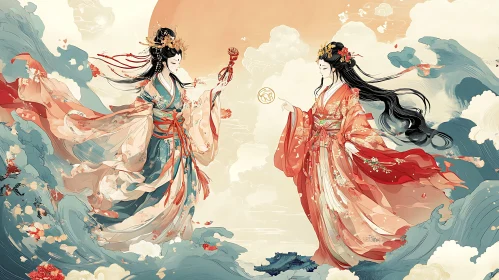 Serene Asian Art with Women and Waves