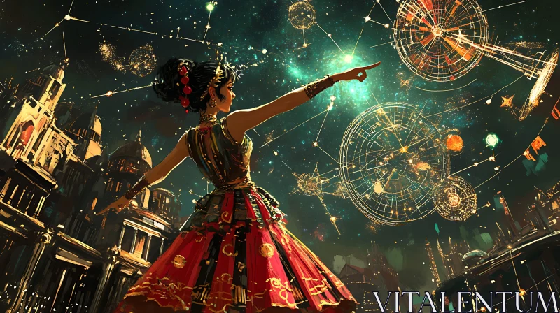 Woman Pointing to Stars in City AI Image