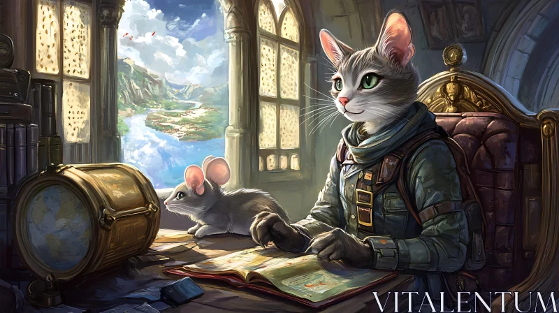 AI ART Feline Cartographer with Rodent Assistant