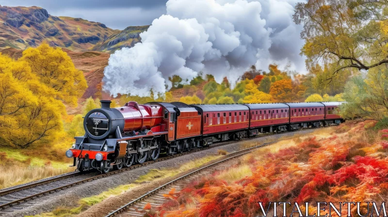 Captivating Steam Engine in Autumn Scenery near Mountains AI Image