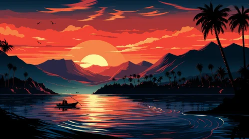 Captivating Sunset with Palm Trees and Boat - Detailed Illustrations