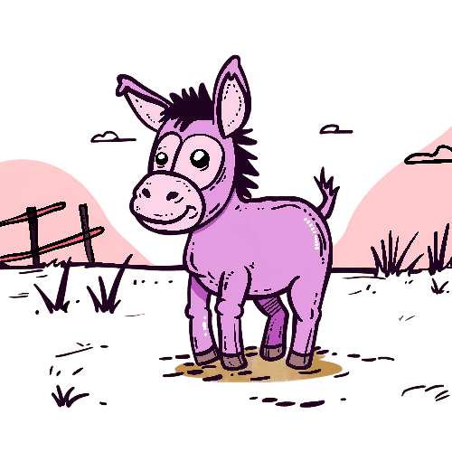 POD Design Cheerful Purple Donkey in Pastoral Setting - Cartoon Illustration